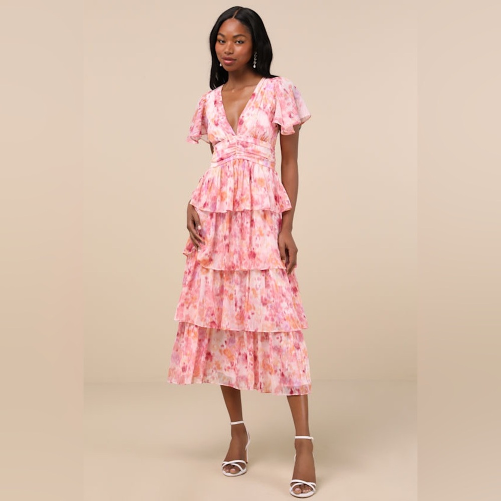 Lulu's Pink Floral Tiered Midi Dress